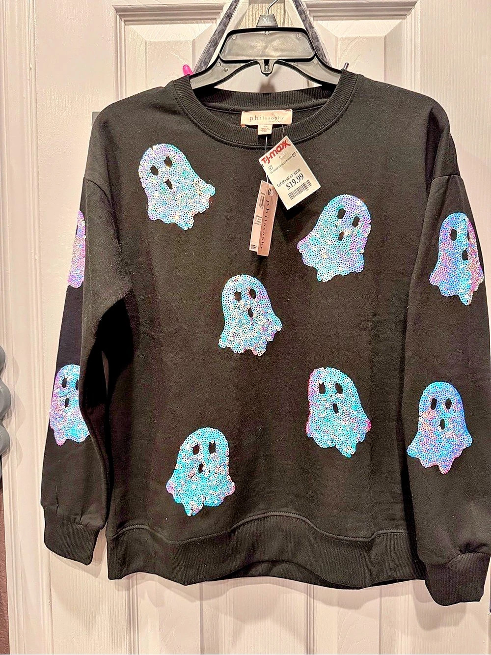 philosophy Sequin Ghost Sweatshirt in Black & Iridescent White Sequins Size Smal